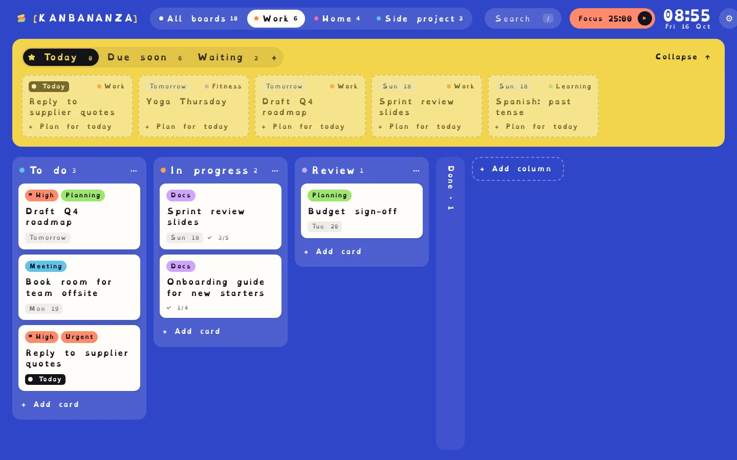 The board in dyslexia-friendly mode, with every label and card in the OpenDyslexic font and wider spacing.