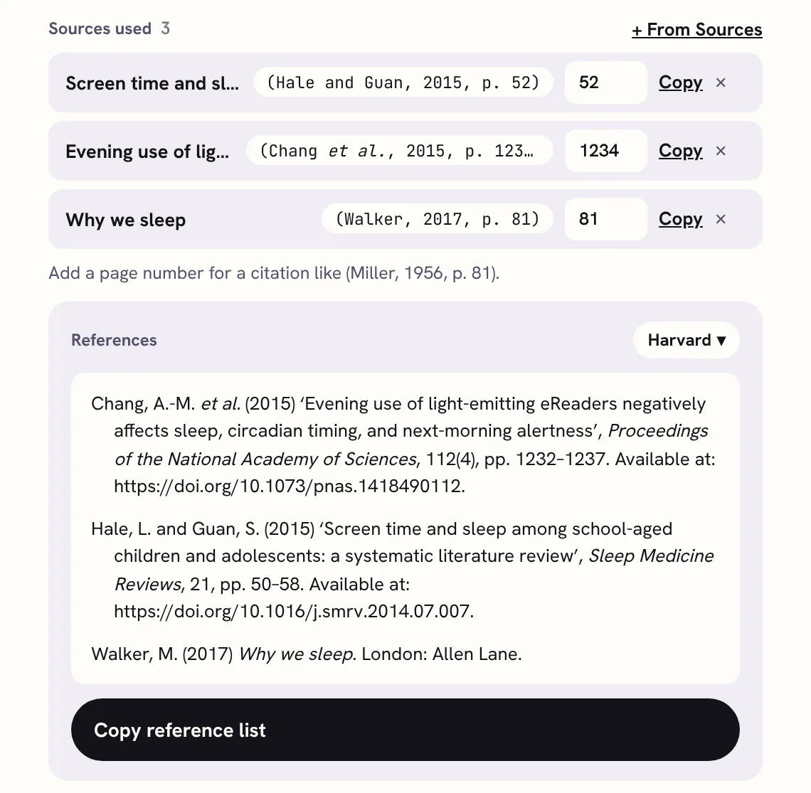 Inside the Literature review card: Sources used, 3. Screen time and sleep, with the citation (Hale and Guan, 2015, p. 52) and page 52; Evening use of light-emitting eReaders, (Chang et al., 2015, p. 1234); and Why we sleep, (Walker, 2017, p. 81), each with Copy. Below, References in Harvard lists the three in full, with a button Copy reference list.