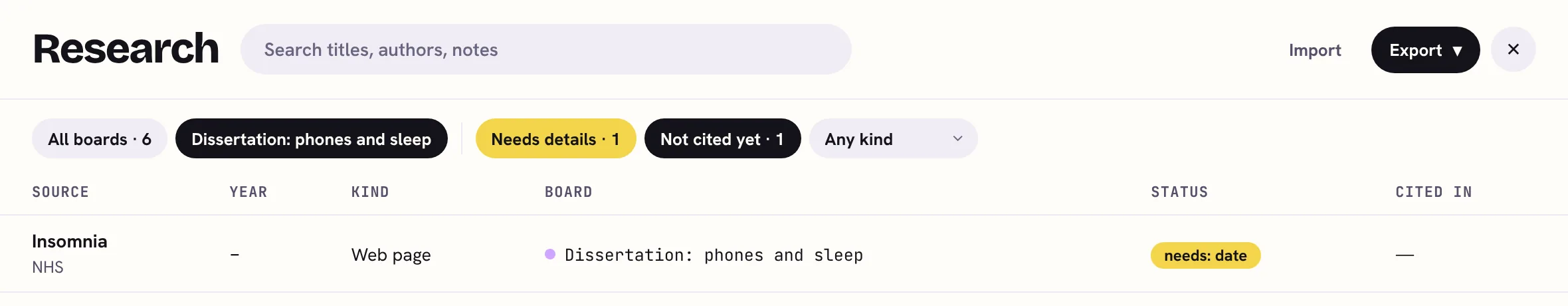 The Research library with the Not cited yet filter on. One source is left: Insomnia, a web page from the NHS, which needs a date and is cited in no cards.