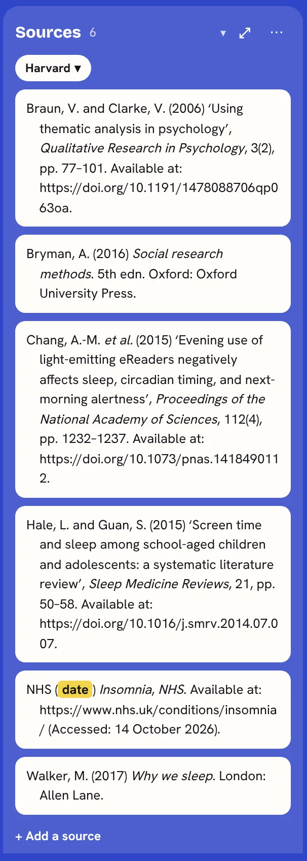The Sources stack beside a dissertation board, in Harvard. It lists six references: Braun and Clarke 2006, Bryman 2016, Chang and others 2015, Hale and Guan 2015, a web page from the NHS with the word date highlighted in yellow because it is missing, and Walker 2017. At the bottom, Add a source.