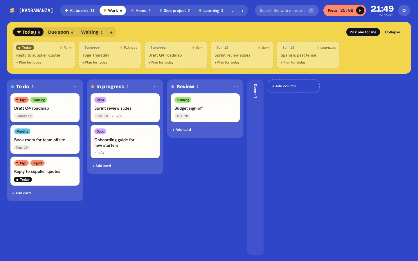 A KanBananza new tab page: a yellow Up next panel above columns of cards on a cobalt background.