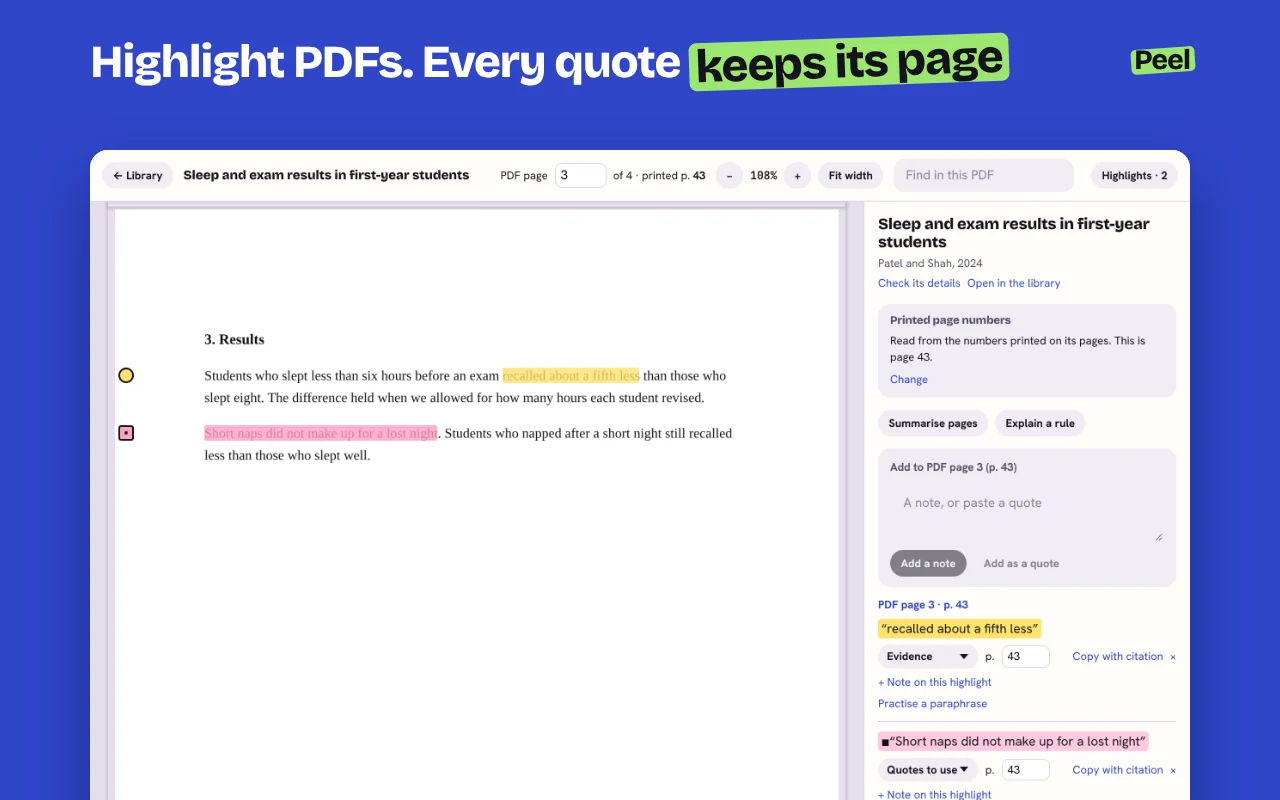 Peel’s PDF reader with highlighted words, each saved as a quote with its page number.
