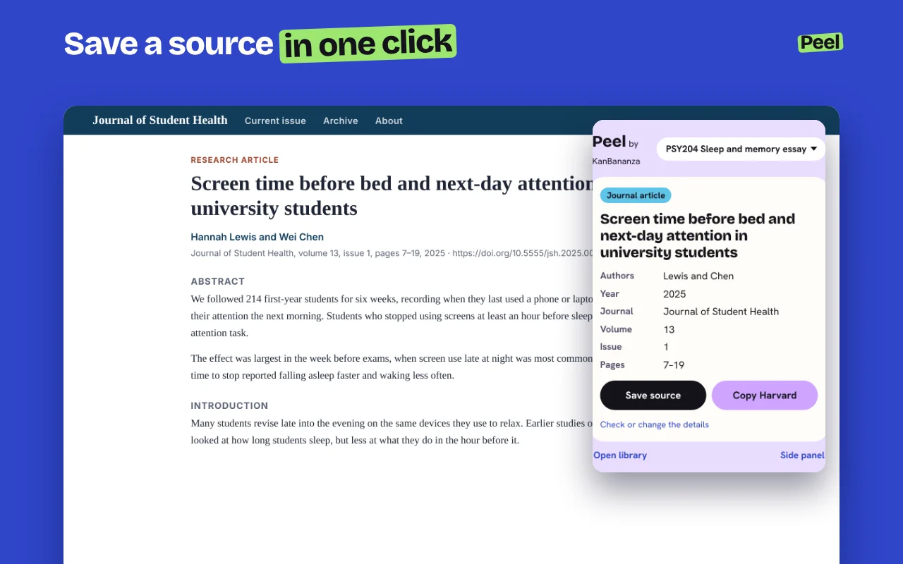 An article page with Peel’s window open, saving it as a source with its details filled in.
