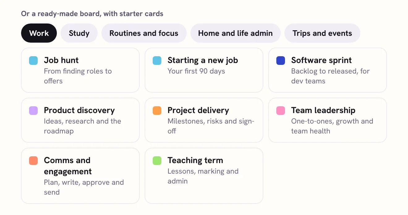 The ready-made boards in KanBananza, sorted into Work, Study, Routines and focus, Home and life admin, and Trips and events.