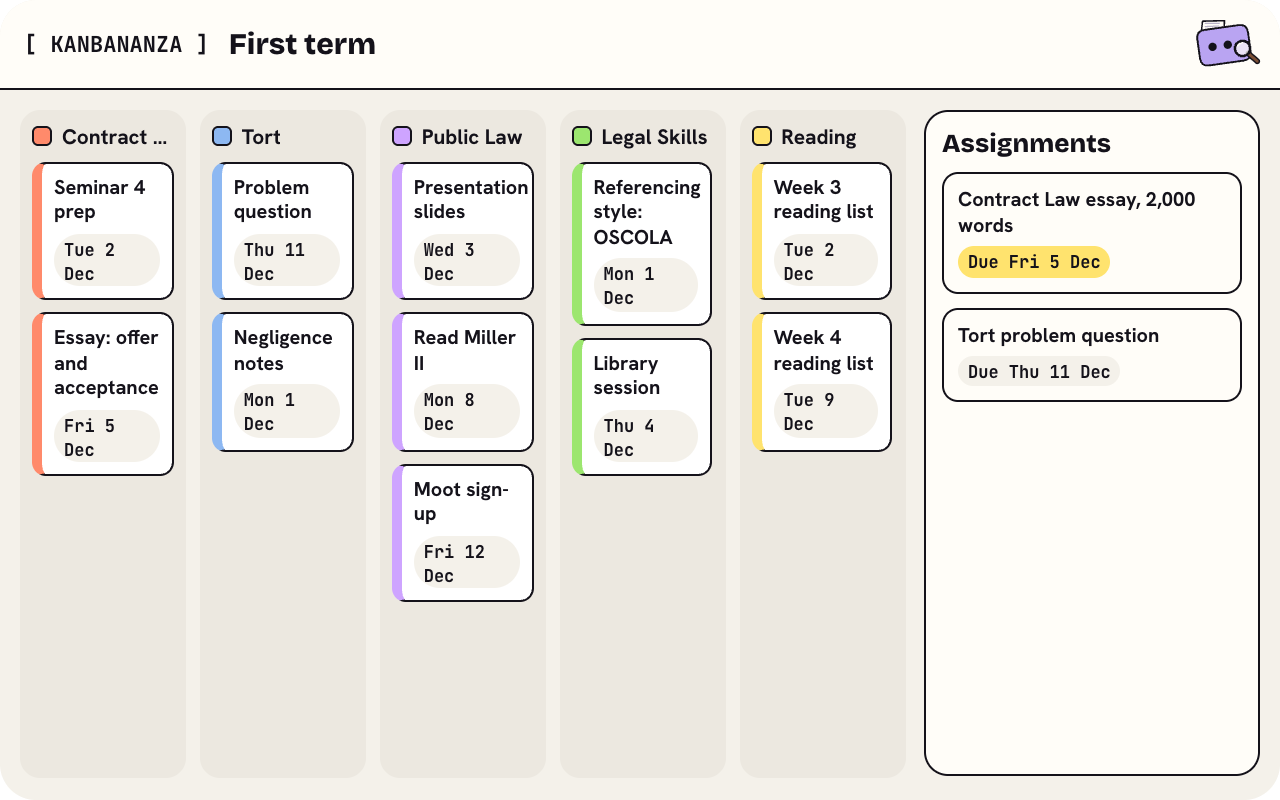 The First term board: a column for each module with dated cards, a Reading column, and the Assignments stack with two assignments and their due dates.